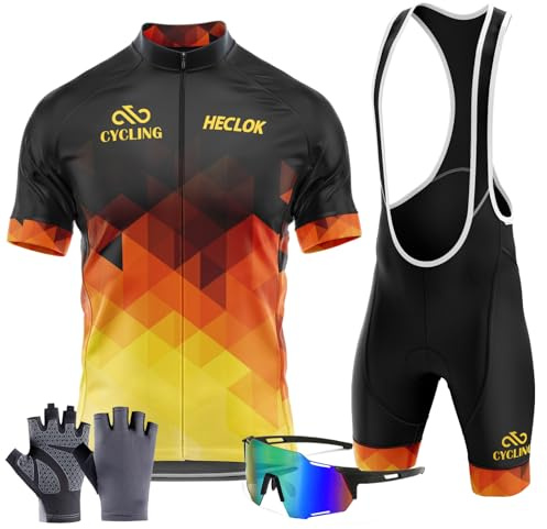 Herren Kurzarm Fahrrad Trikot Set,2024 neu Radtrikot Set Herren Kurzarm mit Atmungsaktiv Schnell Trocknend Radtrikot Mit 9D Gel Gepolsterten Shorts＋Fahrradhandschuhe, Fahrradbrille (TYP-1,XL)
