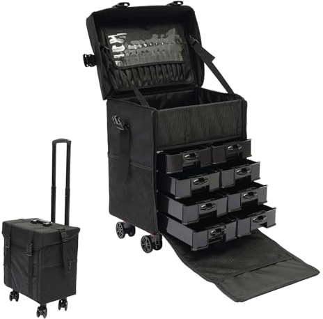 Valigetta cosmetica per parrucchiere, trolley, con 8 cassetti e ruote girevoli a 360°, valigetta per trucchi da viaggio, estetista, parrucchiere, Nero , alla moda