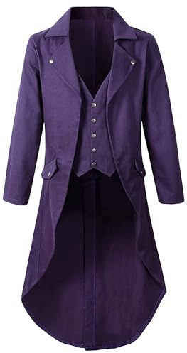 Maeau - Veste Victorien Longue Queue pour Hommes Tuxedo Médiéval Victorien Manteau Long Gothique Vintage Uniforme Prince pour Halloween - Violet - XL