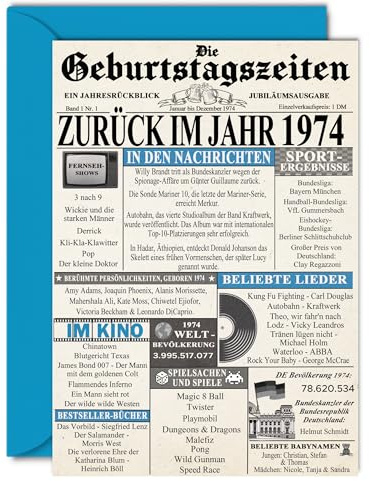 Stuff4 52. Geburtstagskarten für Männer Frauen - Zurück im Jahr 1974 Zeitung - 51 Alles Gute zum Geburtstag Jahrestag Hochzeitstag Karte Vintage Jahrgang Geboren 1974 127mm x 178mm Glückwunschkarten