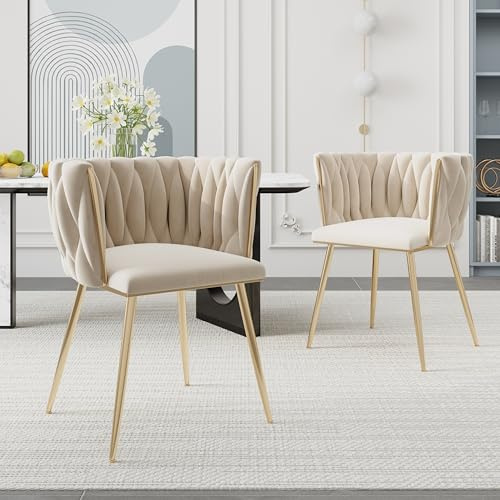 Merax Esszimmerstühle 2er Set, Moderner Sessel mit Armlehne und Gebogene Rückenlehne, handgewebtem Design, Samt Gold Beine Küchenstuhl, Kosmetikstuhl, für Wohnzimmer Schlafzimmer Büro, Beige