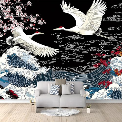 Fototapete 250 x 175 cm 3D Vliestapete Wandbild, Traditionelle Japanische Wellen Mustertapete Wandtapete, Wohnzimmer Schlafzimmer Tapete Mädchenzimmer Spielzimmer Kindertapete Wanddeko, Schwarz Blau