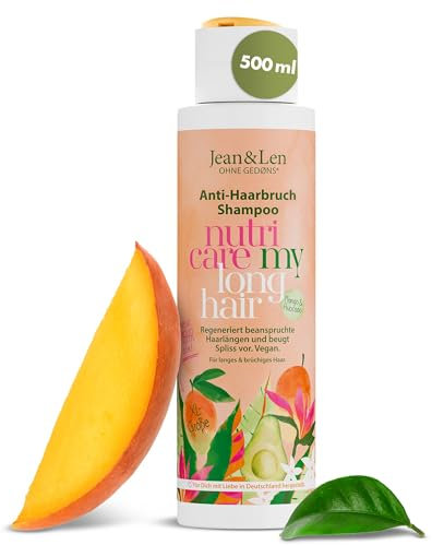 Jean & Len Shampoo Anti-Rottura Mango & Avocado, rigenera le lunghezze dei capelli stressati e previene le doppie punte, fragranza fruttata di mango, senza siliconi e parabeni, vegan, 500 ml