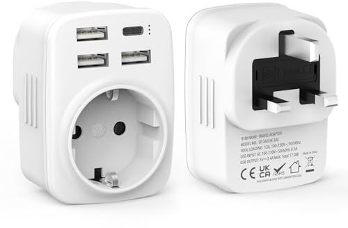 2 Stück Reiseadapter UK Adapter England Deutschland Stecker mit1*AC & 1*USB-C & 3*USB-A (3.4A), Reisestecker Typ G Steckdose, Adapter UK zu DE EU Steckdosenadapter für England/Irland/Dubai/Maldives