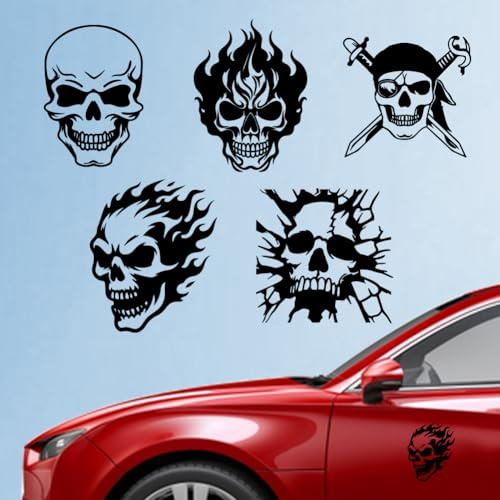 Hobbspring 5 Stück Totenkopf Autoaufkleber 14.8x15.5cm Skelett Pirat Vinyl Autoaufkleber Halloween Totenkopf Kunststoff Fahrzeugdekoration Aufkleber Für Autofenster Und Karosserie