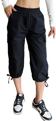 Nuofengkudu Pantacourt Femme Cargo Été Droit Cuffed Réglable 6 Poche Taille Élastique Capri Pantalon Corsaire Uni Enfiler Cordon de Serrage Sport 3/4 Jogging Travail Décontracté Mode Y2K Noir 2XL