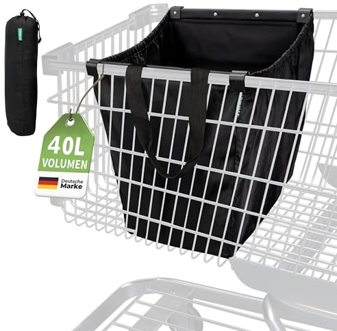 COTTARA® Einkaufstasche für Einkaufswagen mit Einkaufswagenchip | Faltbare Einkaufswagentasche zum einhängen mit Einkaufschip | Idealer Einkaufsbeutel und Tasche zum Einkaufen schwarz