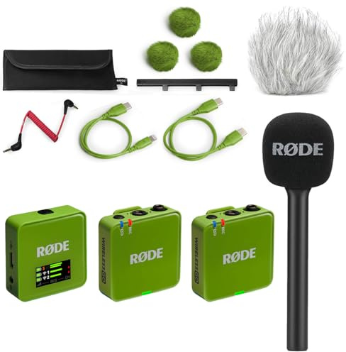 Rode Système de microphone sans fil GO Gen 3 2 canaux, vert, avec adaptateur manuel Interview GO et protection contre le vent en fourrure Keepdrum