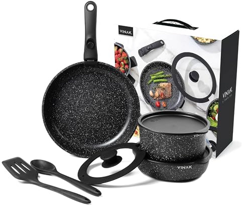VINAK - Set de poêles avec manche amovible - Antiadhésives - 11 PIÈCES - Poêle 26 cm + 20 cm, casserole 18 cm, couvercles de rangement, ustensiles en silicone | Induction et Four | Sans PFOA/BPA