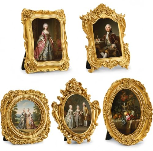 AceOrbit 5 Pcs Vintage Mini Gold Frame Small Resin Baroque Picture Frames Antique with Paper Board and PVC Film Retro Photo Ornaments for Home Wedding Wall Display DIY Decoration (Carved Style)