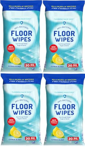 Floor Cleaning Wipes 4 x 20 Pack (80 Total) – Citrus Burst – Thick Large Wipes for Laminate, Tile & Hard Floors – Cuts Through Grease & Grime – Made in the UK