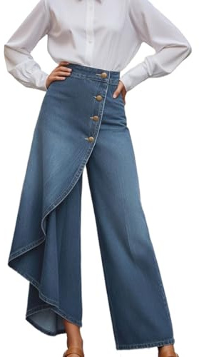Pantalones Vaqueros de Pierna Ancha para Mujer con Dobladillo Asimétrico, Elegantes Faldas, Pantalones Ligeros Culotte de Pierna Ancha, Pantalones Vaqueros Holgados,Vaqueros de