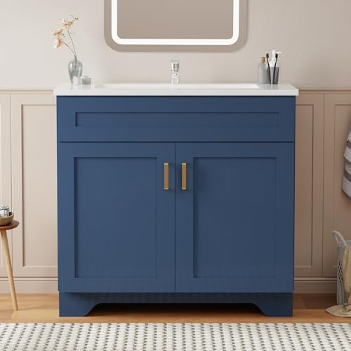 LDarqeer 900mm Bathroom Vanity Unit with Basin, Ceramic Basin, Freestanding Bathroom Sink Cabinet, Modern Shaker Design, Soft-Close Door, Single Tap Hole, Blue with Gold Metal Handles