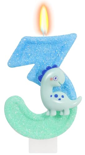 DazzJoy Dino Geburtstagskerzen Zahlen 3, Dino Kerze 3 Geburtstag Junge, Dinosaurier Geburtstagskerze 3 Geburtstag Junge, Dinosaurier Tortendeko Geburtstage 3 Jahre Jungen, Kerzen Zahlen 3 Blau Grün