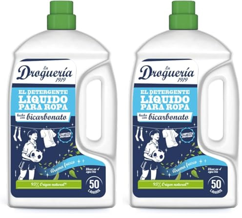 LA DROGUERIA - Detergente Líquido con Bicarbonato 2.27 L – Quitamanchas Potente – Eficaz en Agua Fría – Sin Colorantes – Para Pieles Sensibles – 95% Ingredientes Naturales – Aroma Fresco