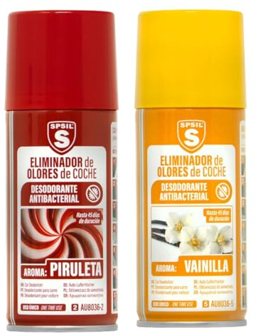 SPSIL Pack Desodorante Coche 2x150ml - Fragancia Piruleta + Vainilla, Antibacterial Elimina Olores Tabaco Mascotas Comida, Efecto 45 Días Aplicación 10 Min