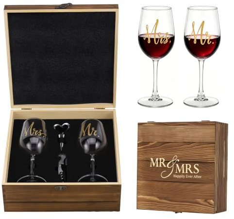 Zocipro Verres à Vin Gravés Mr & Mrs avec Tire-Bouchon et Coffret en Bois