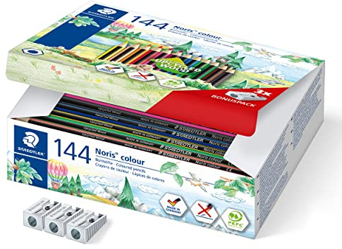 STAEDTLER Buntstifte Noris colour, rutschfeste Soft-Oberfläche, hohe Bruchfestigkeit, Made from Upcycled Wood, Sechskantformat, Set mit 144 Stiften in 12 intensiven Farben und 3 Spitzer, 185 C144 | Sechskant aus PEFC-Holz – für Kinder, mit Metalldosen – Art.-Nr. 185 C144