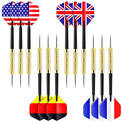 Ohuhu Dartpfeile Metallspitze – 17 Gramm Dartpfeile Steeldart Set, 12 Stück Profi Steeldart Pfeile mit Nationalflaggen-Flights (4 Stile), 3 kostenlose PVC-Schaft, für Anfänger Und Hobbyisten