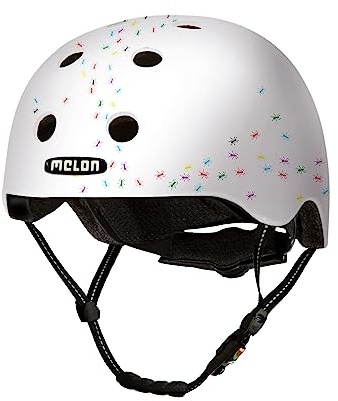Melon Casco Bicicleta »Pop Ants« para Hombres y Mujere, Adultos y niños | Casco Urbano Seguro y Ligero para Ciclismo, monopatines y Bicicletas de montaña | Talla M-L (52-58 cm) Blanco Multicolore