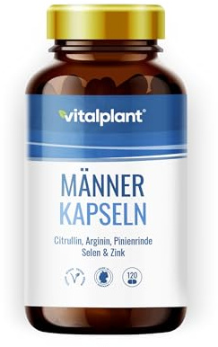 Vitalplant® Männer Kapseln mit hochdosiertem L-Citrullin und Pinienrindenextrakt | 120 Kapseln im Monatsvorrat | Mehr Leistungsfähigkeit, Ausdauer, Sperma | Made in Germany