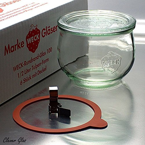 6 Weck Einkochgläser 500ml Tulpenform RR100 mit Glasdeckel, Ringen und Klammern im Original Weck Karton