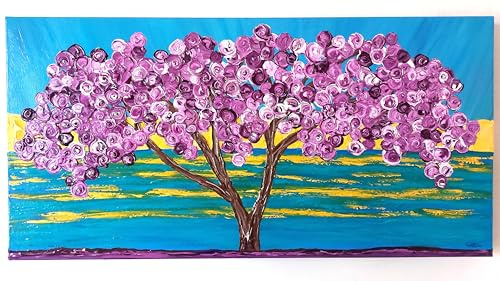 DORON ARTE QUADRO MODERNO ASTRATTO DIPINTO A MANO TELAIO GALLERY BORDI DIPINTI - ALBERO DELLA VITA MARE FIORI VIOLA - 40x80x4 cm -RIF79