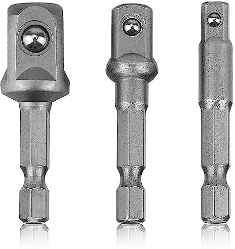 Impact Grade Socket Adapter/Extension Set Turns Power Drill Into High Speed Nut Driver,1/4-Inch Hex Shank to Drive for Adapters to Use with Drill Chucks, Sizes 1/4 3/8 1/2, Cr-V, 3-Piece