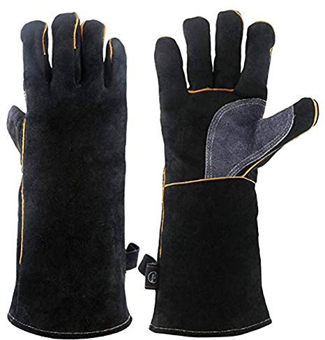 Guantes de Cuero Para Soldar de Forja,Resistentes Al Calor/Al Fuego,Guantes Para Barbacoa/Camping/Cocina Con Manga Larga de 16 Pulgadas,Guante Para Estufa Con Chimenea Para Soldador,2 Pares,16inch