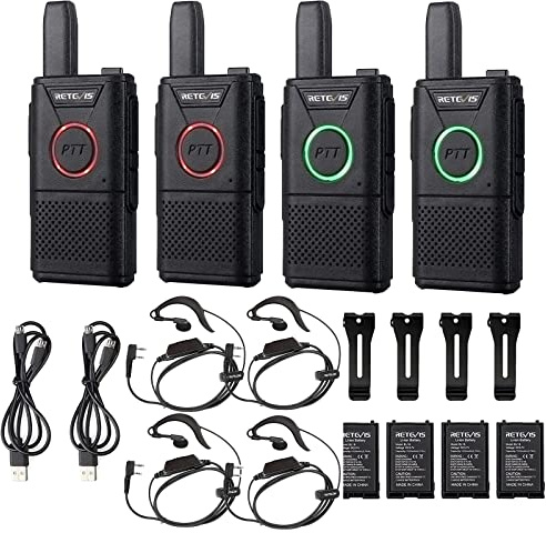 Retevis RT618 Mini Walkie Talkie Aufladbar, Professionelles PMR446-Lizenz Funkgerät mit Headset, Dual-PTT-Funkgeräte Set für Familien, Camping, Business (Schwarz, 4Stück)
