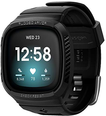 Spigen Rugged Armor Pro Kompatibel mit Fitbit Versa 3 Hülle mit Armband/Kompatibel mit Fitbit Sense Hülle mit Armband - Schwarz