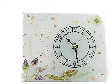 Sospiri Venezia Horloge de Table Verre Murano Mécanisme Silencieux Décor Floral Feuille Or et Graviers de Verre colorés Idée Cadeau Fabriqué à la Main Made in Italy (Nénuphar cm18x15)