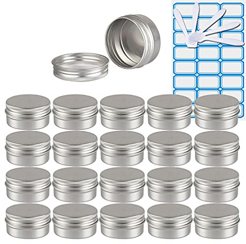 ZEOABSY 50 Stück Leere 30 ml Rund Silber Aluminium Tins mit Schraub-Deckel Schraubdose Cremedose Alu-Tiegel Dosen Aludose Blechdosen für Kosmetik Kerze Salben 5X Spatel, 2X Etikette