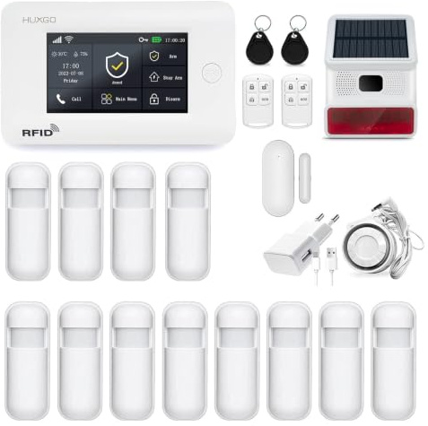 HUXGO HXA006 Funk Alarmanlage WiFi + GSM 4G Modul mit 12 Bewegungssensoren und Solarsirene - Bewegungsmelder mit Alarm, SMS-Benachrichtigungen, Steuerung vom Telefon aus