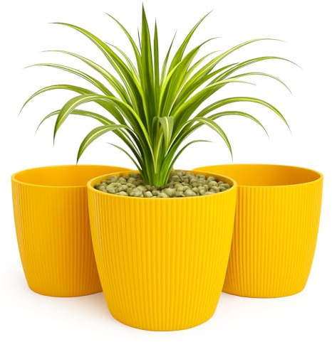 Home Garden Ornaments Blumentopf Set 3er – Kunststoff Übertopf, geriffeltes Design, modern & dekorativ, für Zimmerpflanzen (18 cm, Senfgelb)