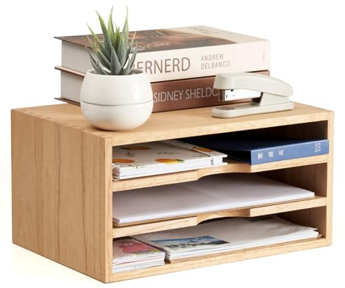 KIRIGEN Wooden Desktop Organizer Paper Storage Letter Tray File Sorter - Desk Rack Magazine File Dividers Holders for Home Office Accessories Wood Desk Cabinet with 3 Layer Trays Natural(3KWJG-NA)