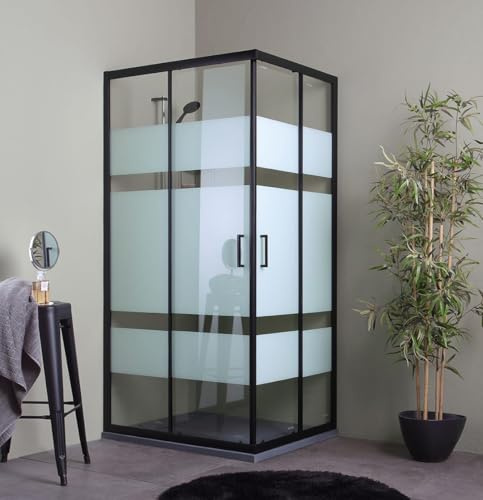 Kiamami Valentina - Cabine de douche réversible City 70x100 noire avec portes sérigraphiées de 6mm