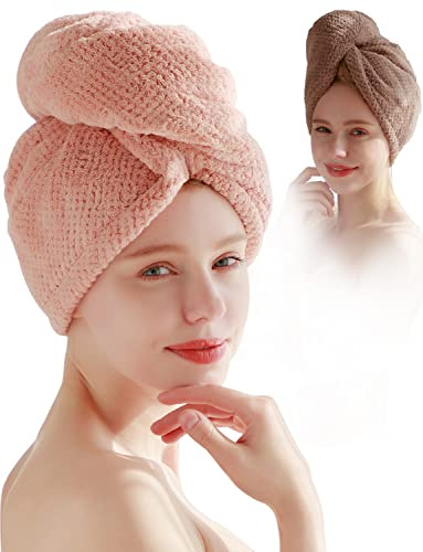 SIBBYE Toalla de microfibra para mujer, toalla de secado de cabello con botón, súper absorbente, de secado rápido, turbante para secar el cabello rizado, largo y grueso, antiencrespamiento (rosa y