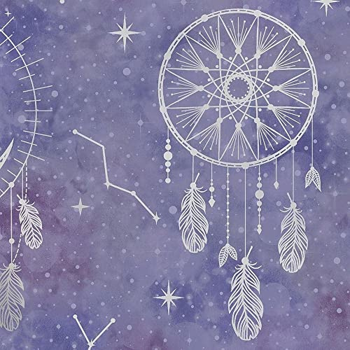 K Collection Dreamcatcher Purple Silver Wallpaper - Metallic Stars Constellation Space Feathers Kids Bedroom Nursery Modern (13331)