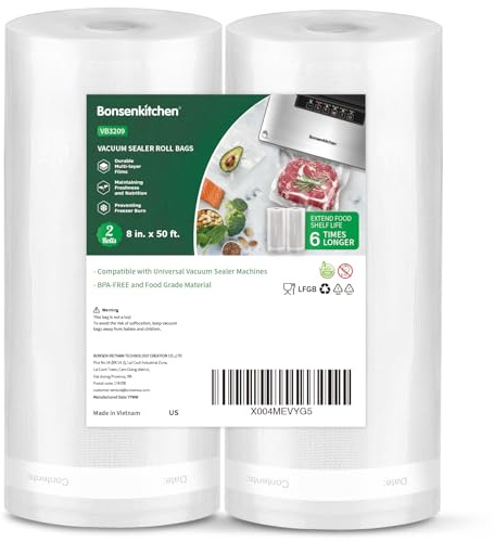 Bonsenkitchen Vacuum Sealer Bags, 8 x 50' Rolls 2 pack for Food Storage Saver, Bpa Free, Heavy Duty, Commercial Grade Textured Food Roll, Customized Size Bag for Sous Vide Cooking,VB3209