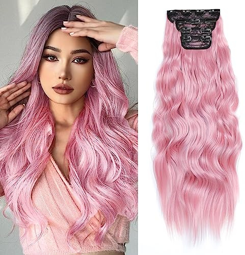 Extension per capelli ricci sintetici con clip, 61 cm, 4 pezzi, ondulato lungo naturale, per capelli mossi, per tutta la testa, colore rosa