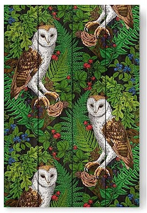 artboxONE Holzbild 60x40 cm Natur Eulen, Farne, Eiche und Beeren von Künstler Katerina Kirilova