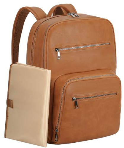 VASCHY Wickelrucksack Groß, Wickeltasche Leder für Mama Papa Baby Wickelrucksäcke Diaper Bag Wickelunterlage und Kinderwagen Haken mit Reiseflaschen Gepolsterte Laptophülle Braun
