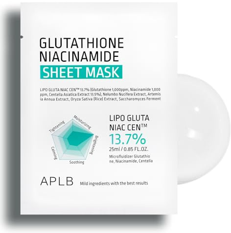 APLB Mascarilla Facial Coreana Glutathione Niacinamida 10uds | LIPO GLUTA NIAC CEN – Korean Skincare Limpiador Facial Hidratación Profunda & Calma, Piel Sensible, Elasticidad – 10 (25ml)