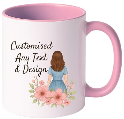 Gift Hub Personalised Mug | Coffee Cup with Coloured Handle and Inner | Any Photo or Text | Custom Coloured Cups for Valentine, Birthdays, & Occasions | Ceramic Mugs Available in Ten Colours | Pink