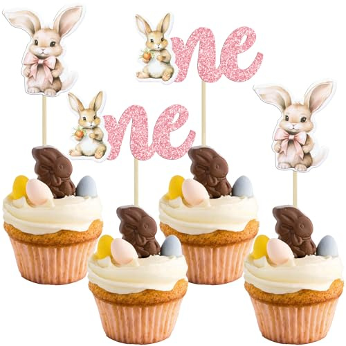 Gyufise 24Pcs Easter Bunny One Cupcake Toppers Glitter Rabbit One Cupcake Picks Easter Day 1st Cupcake Toppers for Easter Theme Spring Birthday Baby Shower Party Supplies Pink