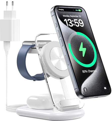 Station de Charge sans Fil 3 en 1 pour Mag-Safe, Chargeur magnétique sans Fil Pliable et réglable, Support de Charge de Voyage Mag-Safe avec lumière pour iPhone 16/15/14, AirPods, Apple Watch, Blanc