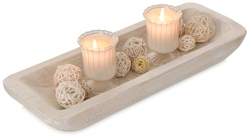 Romadedi Decorative Bowls for Home Decor - 16 Wooden Dough Bowl for Decor, Large Wood Bowl for Kitchen Table Centerpieces Long Narrow Wooden Tray for Dining Table Whitewashed