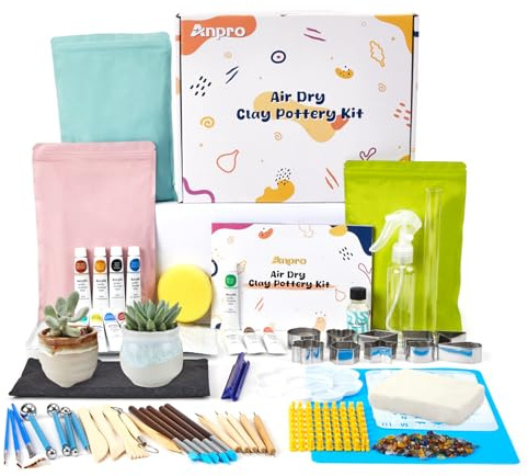 Anpro Air Dry Clay,46 Pcs Air Dry Clay for Adults,4 * 500g Pottery kit with Tools,Paints,Brushes,Guide,Gloss Varnish,Paint,Tool Set,Paintbrushes,Sponge