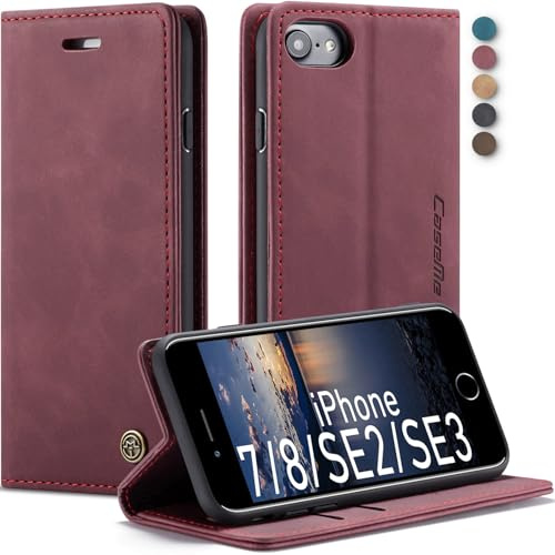 Lxisxcna für iPhone SE 2022/SE 2020/8 Hülle,Magnet Leder Klapphülle,Weinrot | Retro PU Leder,Kartenfach, Standfunktion, Schutzhülle, Flip Case, Handyhülle